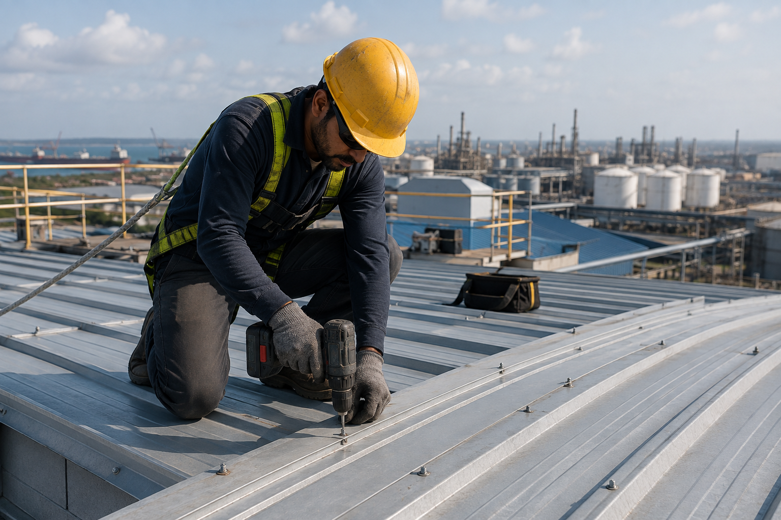 Installer driving self-drilling screws into a metal roof